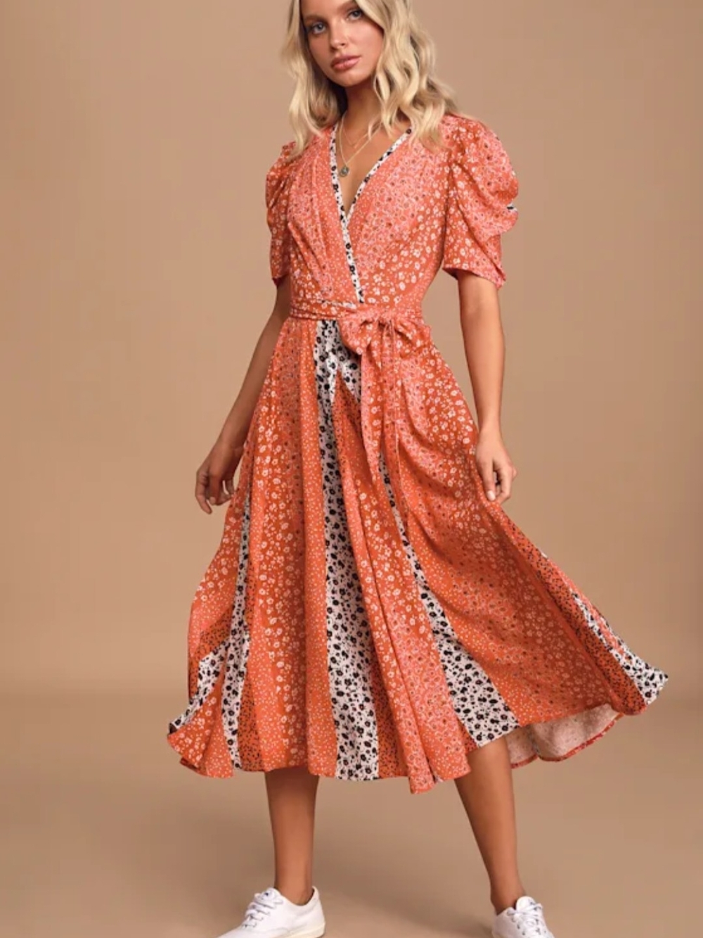 🌼B2G1🌼 Lulu's Red Floral Wrap Midi Dress with Contrast Panels NWOT